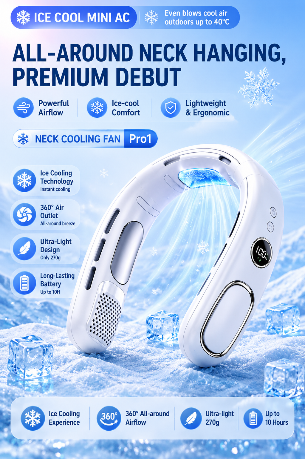 Cooling Neck Fan Pro1 – 360° Wearable Portable Air Conditioner with Semiconductor Cooling, 5-Speed Turbo Airflow & 17H Battery