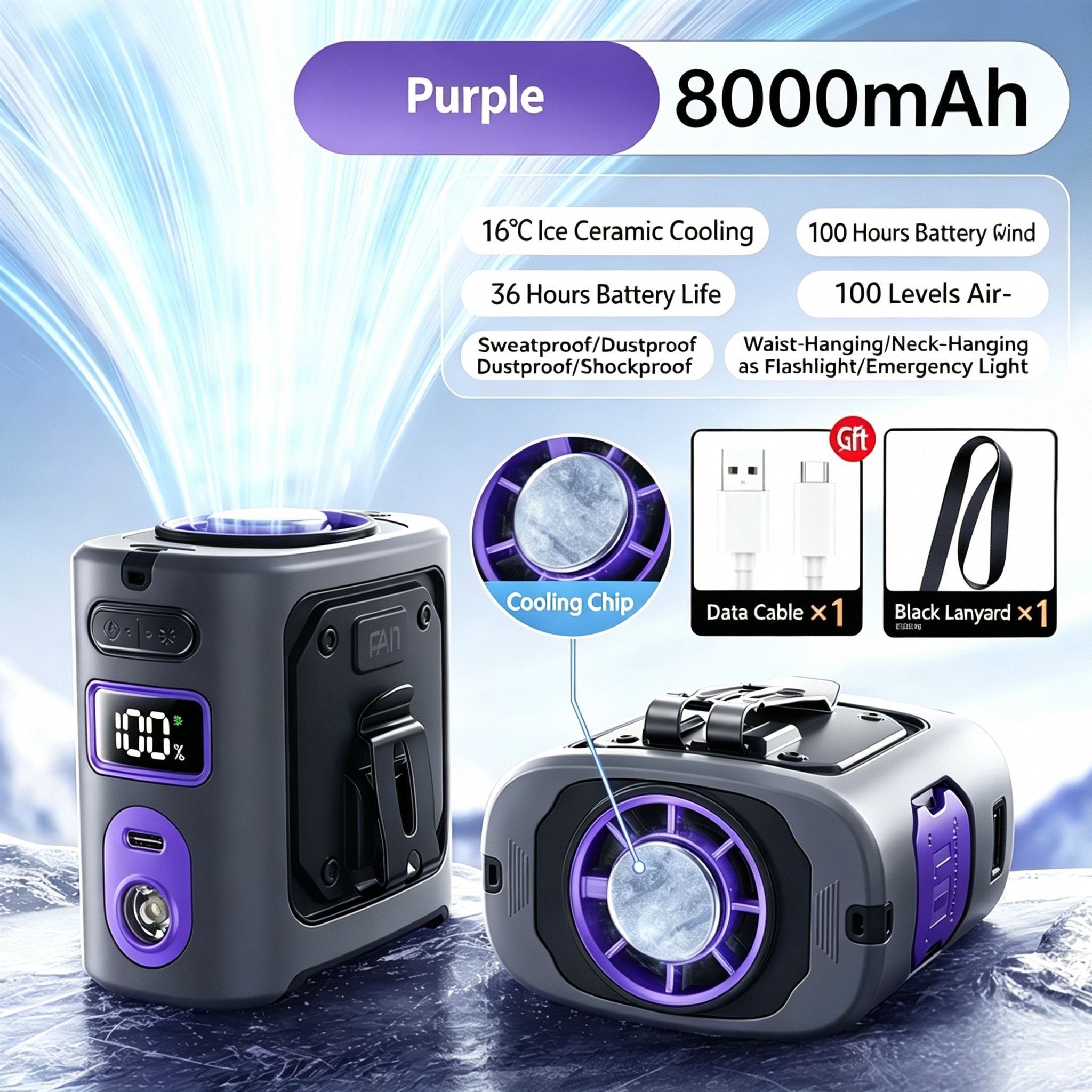 2026 Ice Cooling Waist Fan | 8000mAh 100-Level Wind, Portable Neck/Hanging Fan with Semiconductor Cooling