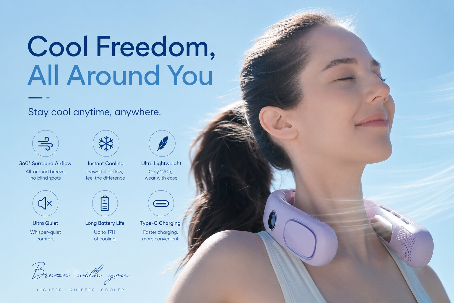 Cooling Neck Fan Pro1 – 360° Wearable Portable Air Conditioner with Semiconductor Cooling, 5-Speed Turbo Airflow & 17H Battery
