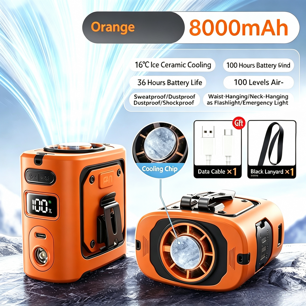 2026 Ice Cooling Waist Fan | 8000mAh 100-Level Wind, Portable Neck/Hanging Fan with Semiconductor Cooling
