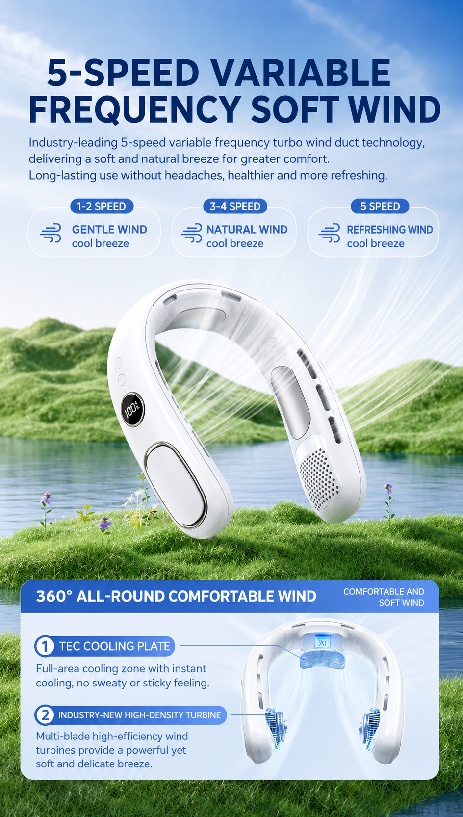 Cooling Neck Fan Pro1 – 360° Wearable Portable Air Conditioner with Semiconductor Cooling, 5-Speed Turbo Airflow & 17H Battery