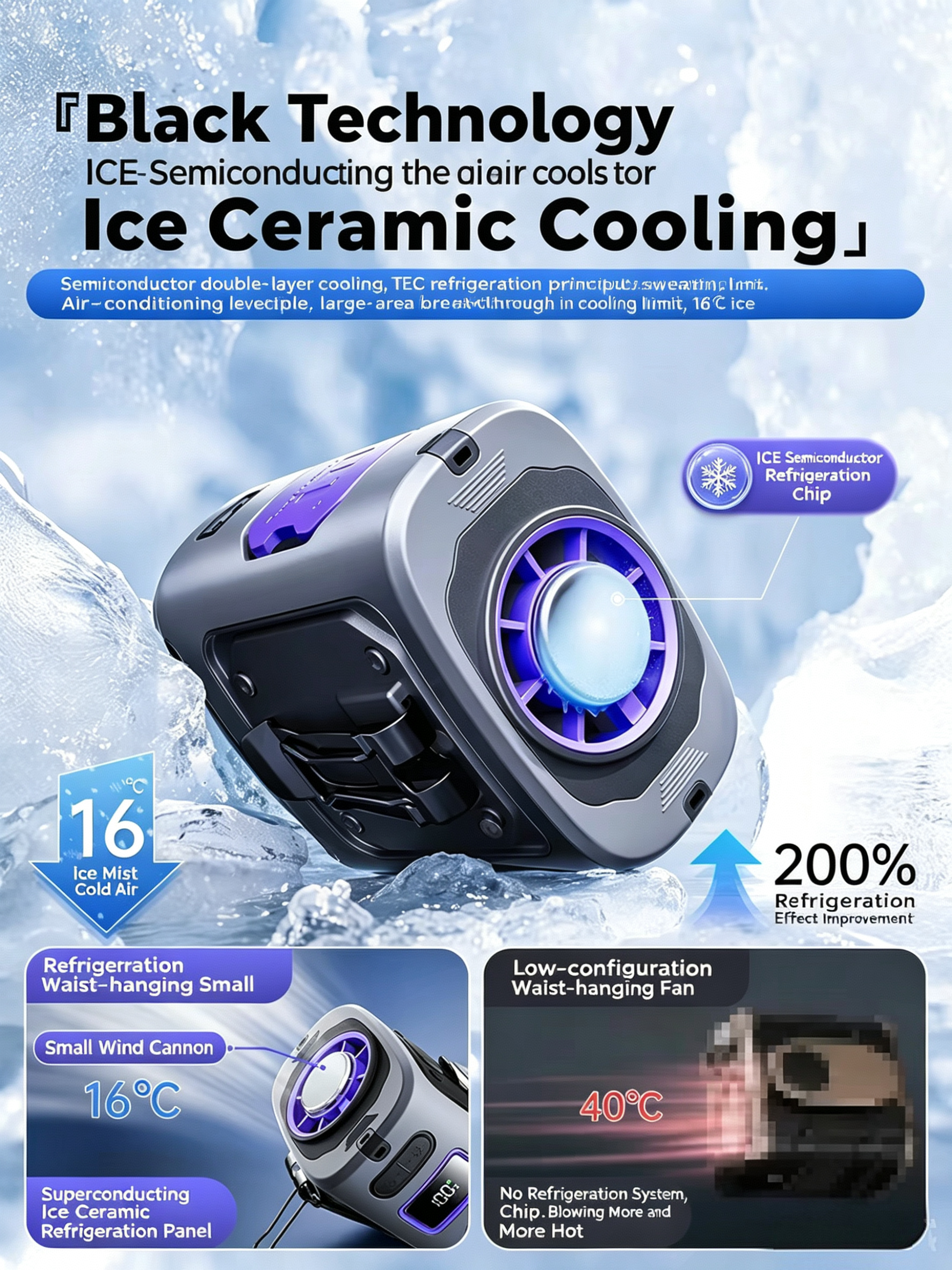2026 Ice Cooling Waist Fan | 8000mAh 100-Level Wind, Portable Neck/Hanging Fan with Semiconductor Cooling
